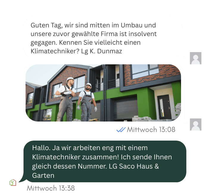 Visualisierte Beispiel-Chatnachricht zwischen Kunde und SACO Haus und Garten zur Handwerker-Vermittlung