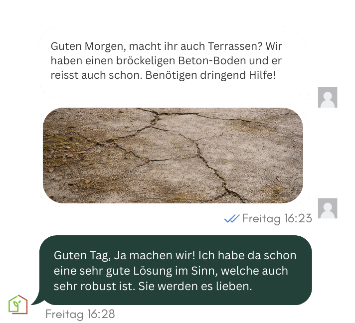 Fallbeispiel Terrassensanierung: rissiger und bröckeliger Betonboden vor der Sanierung durch SACO Haus & Garten