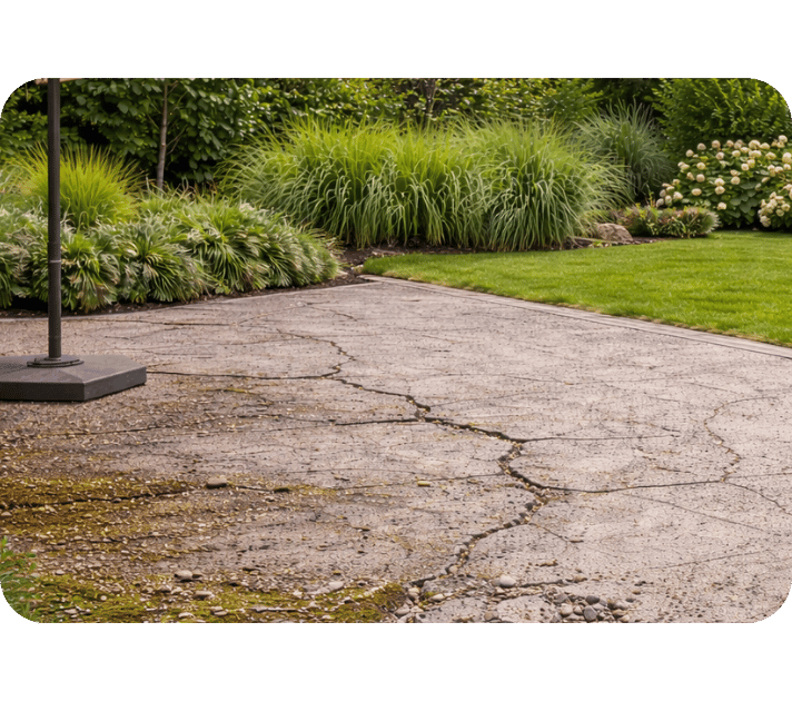 Bröckeliger Boden einer Außenterrasse vor der Sanierung