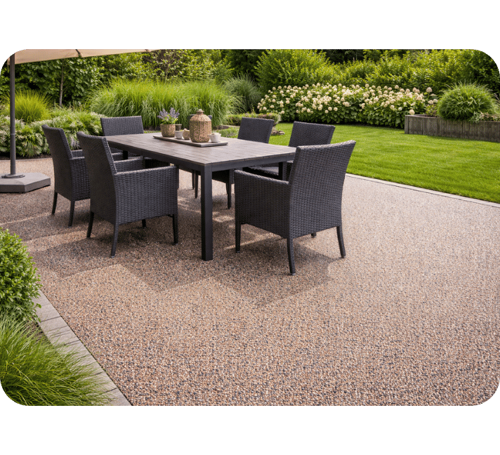 Fertiggestellte Gartenterrasse mit verfestigtem Kiesboden