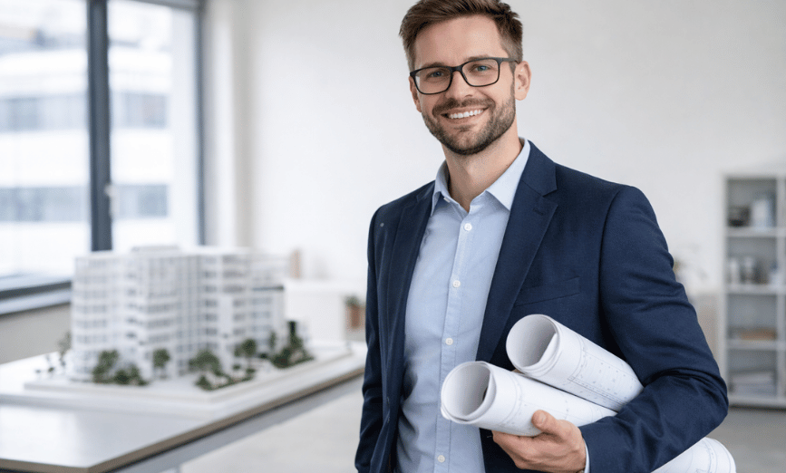 Architekt bei der Planung eines Bauprojekts nach Vermittlung durch SACO Haus und Garten