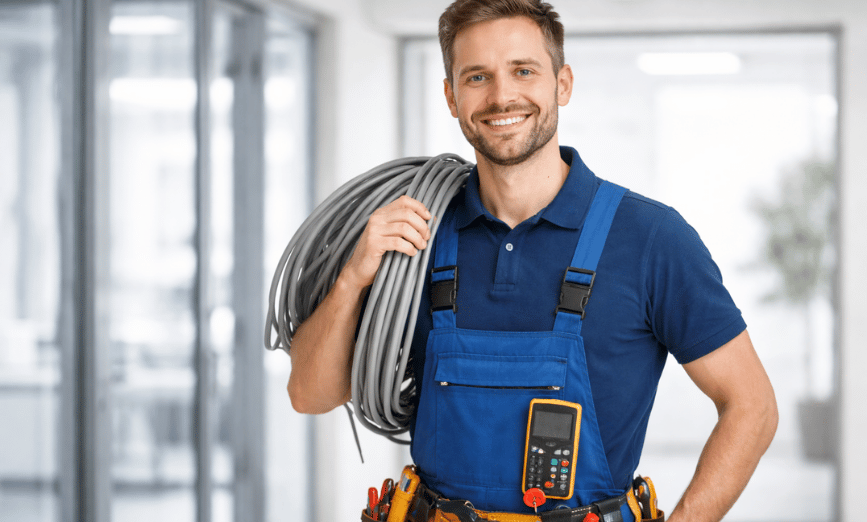 Elektriker bei Installationsarbeiten nach Vermittlung durch SACO Haus und Garten