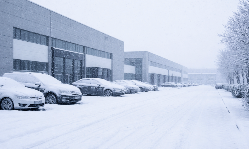 Zuvor geräumter Firmenparkplatz nach professionellem Winterdienst