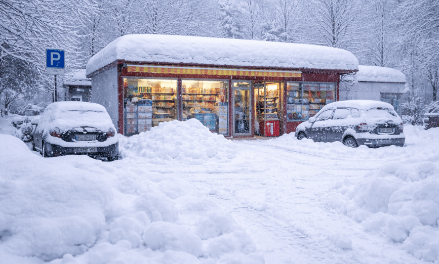 Vollgeschneiter Kiosk mit verschneitem Parkplatz im Winter