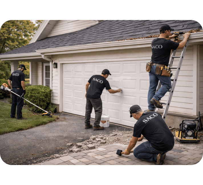 Arbeiten an Haus und Garten mit neuer Einfahrt, Rasenpflege, Toranstrich und Reinigung der Regenrinne