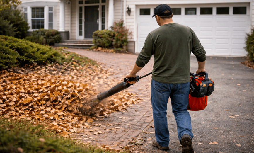 Hausmeisterservice in Salzgitter-Lebenstedt beim Laubblasen auf Außenflächen