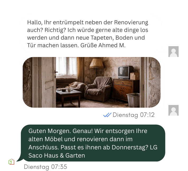 Beispielhafter Kundenchat zu Entrümpelung und Renovierung mit SACO Haus und Garten