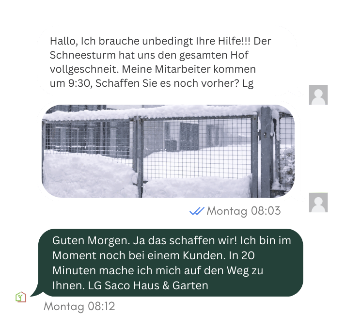 Beispielhafter Kundenchat im Winter mit Schneeräumung durch SACO Haus und Garten