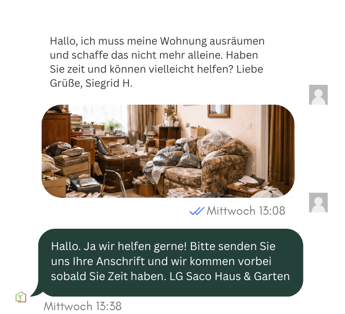 Beispielhafter Kundenchat Entrümpelung durch SACO Haus und Garten